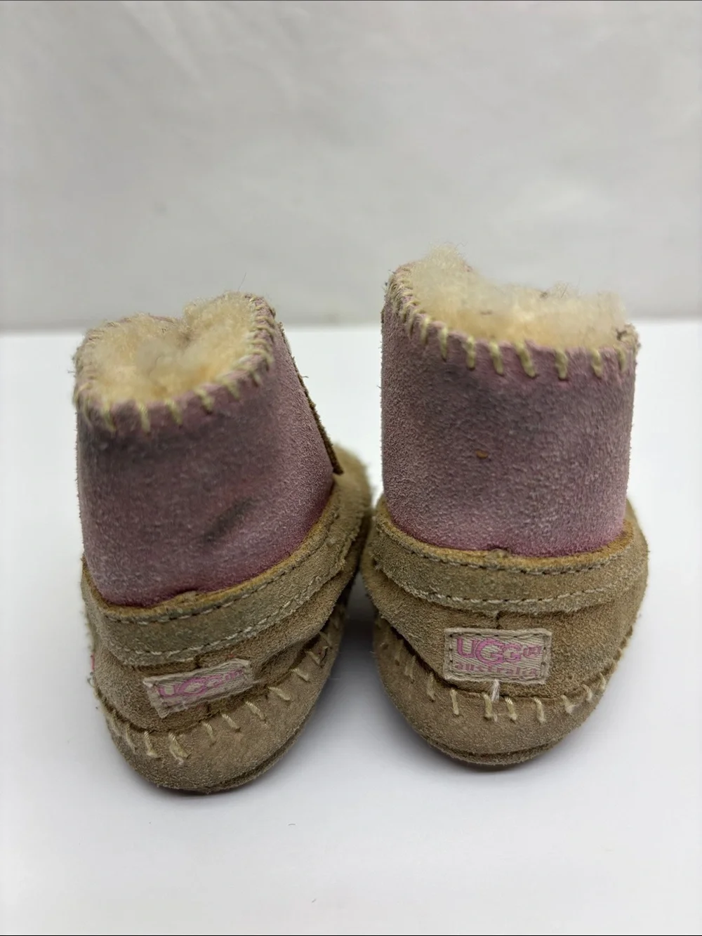 UGG Suede Baby Walker Booties in Tan and Pink, SZ 01, box 72